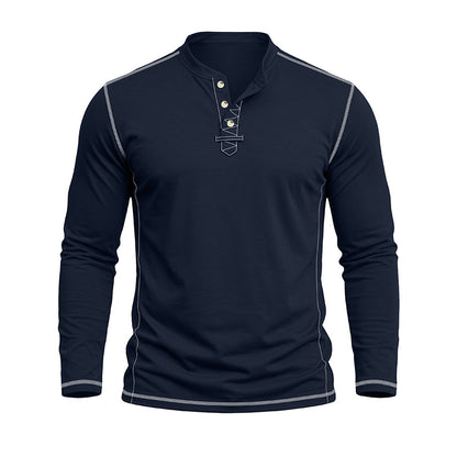 Men’s long sleeve Henley shirt with contrast stitching and three-button placket